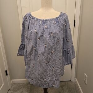 Westport Blue and White Bell Sleeve Blouse with Smocked Details